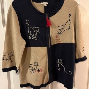 VTG Christopher Banks Cat  Sweater XL Black Tan Zip